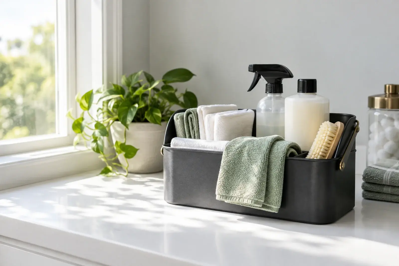 Illustration of neatly prepared cleaning supplies in natural daylight
