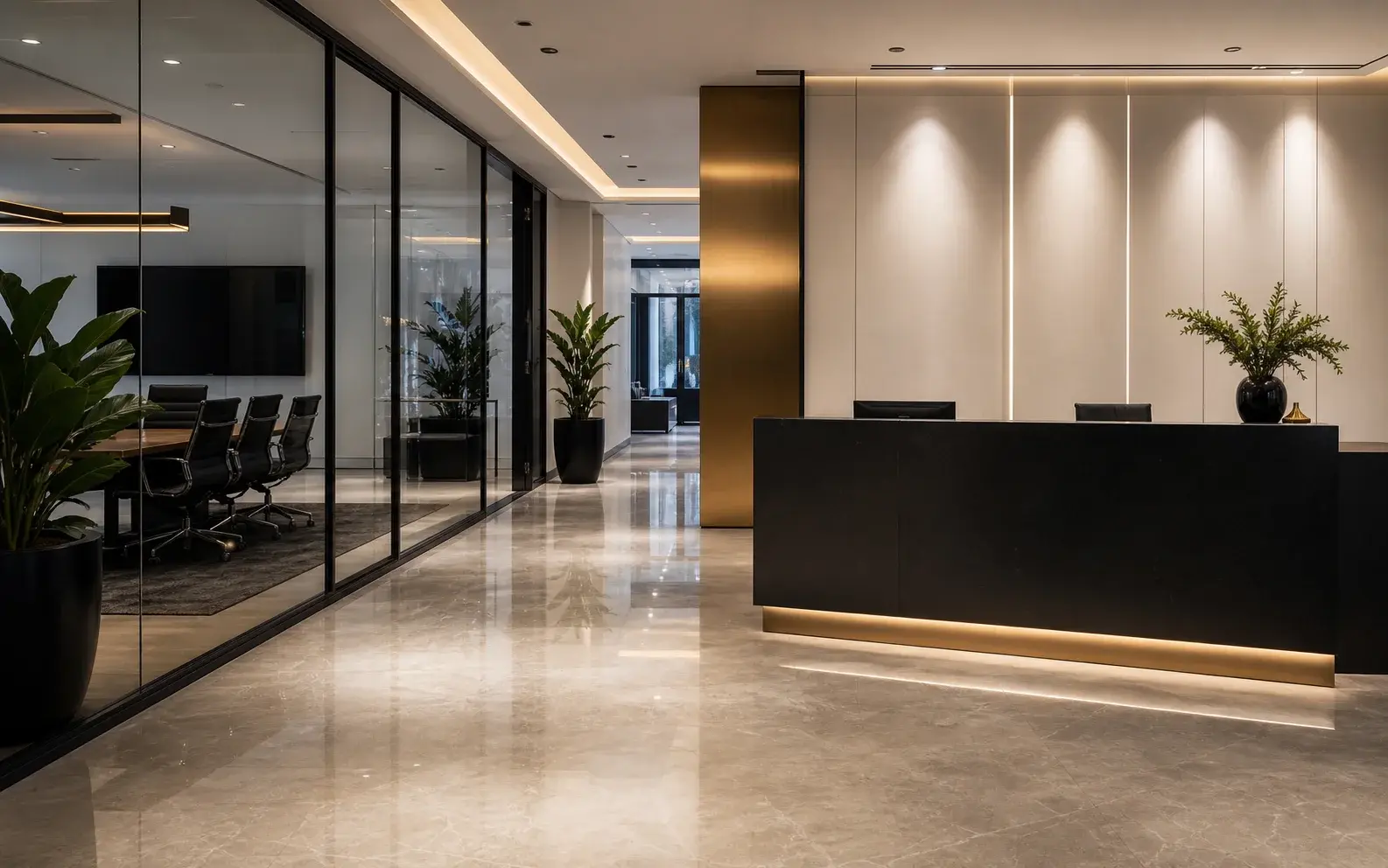 Commercial lobby with seating and large windows